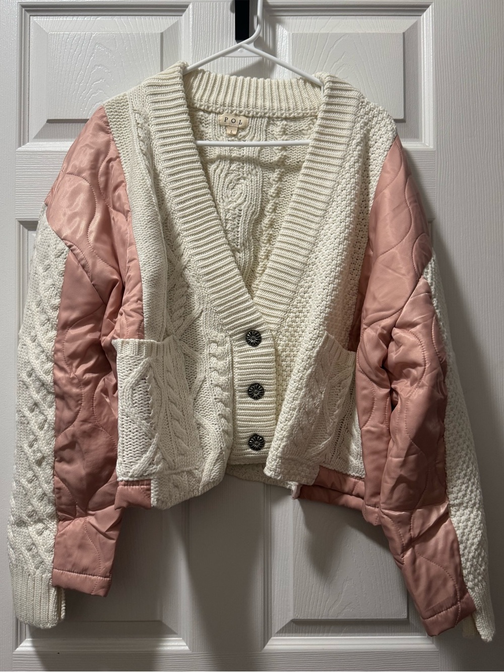 POL Cream Knit Jacket with Pink Quilted Sleeves